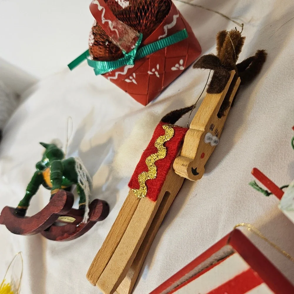 Vintage Wooden Christmas Ornaments Lot 10pc Rocking Horse Nutcracker Sled Taiwan
